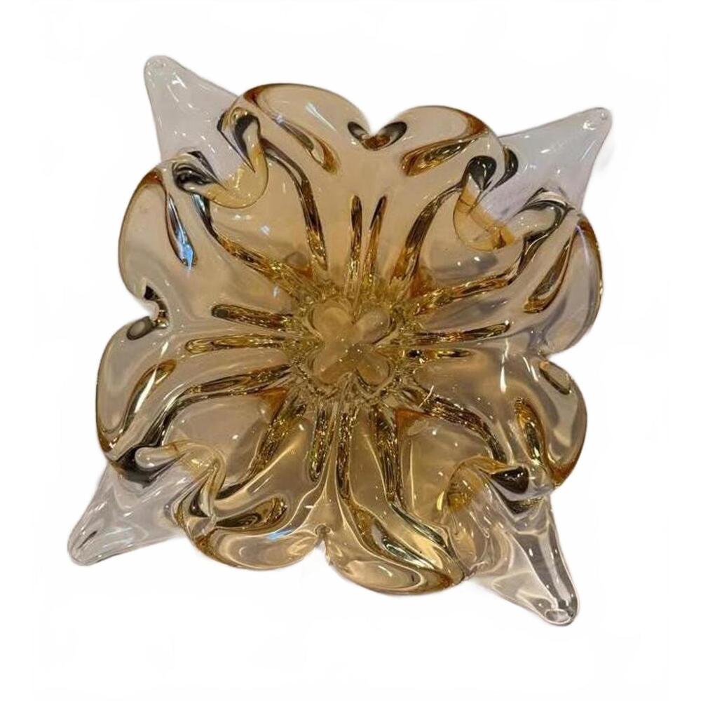 Vintage Chalet Art Glass Light Honey Amber on Clear 10.5" Cigar Ashtray - Signed